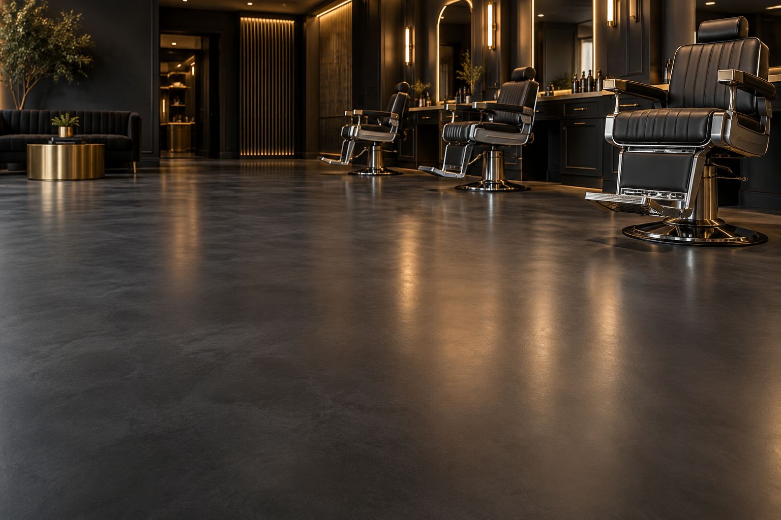 Charcoal solid-color epoxy floor in a barbershop