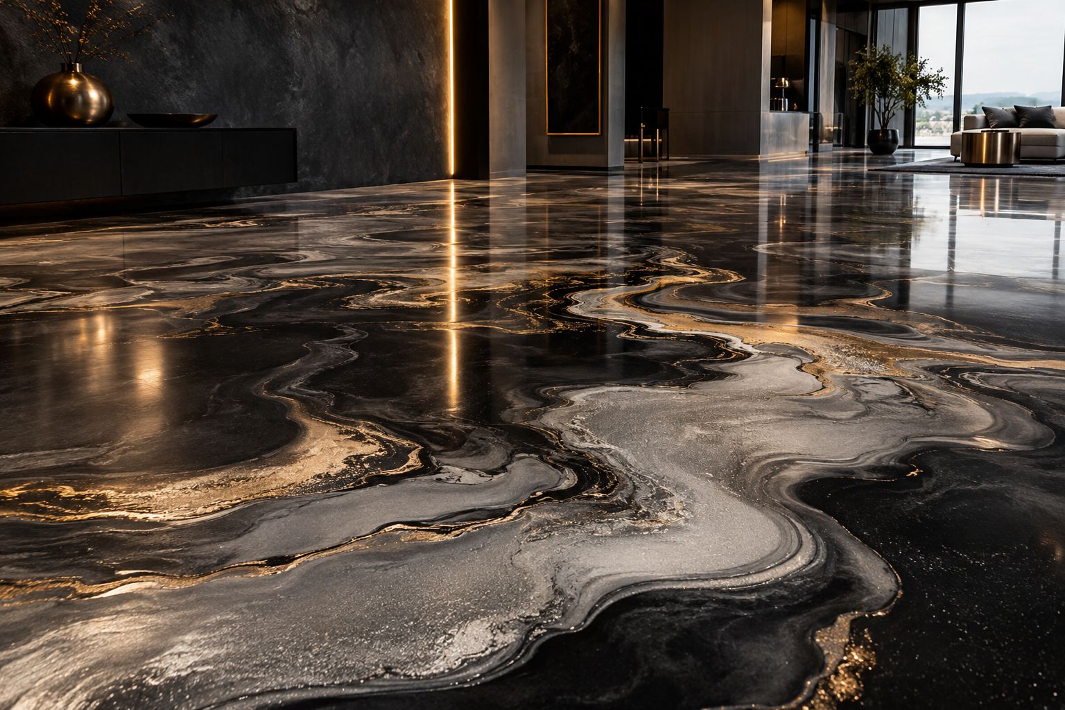 Black, silver and gold metallic epoxy floor