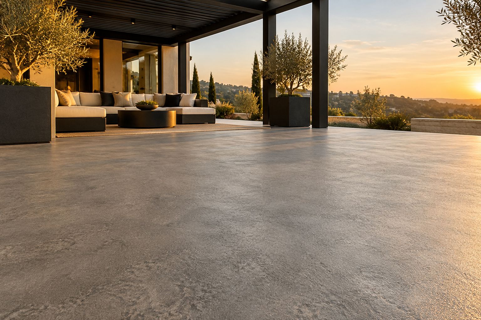 Gray coated concrete patio